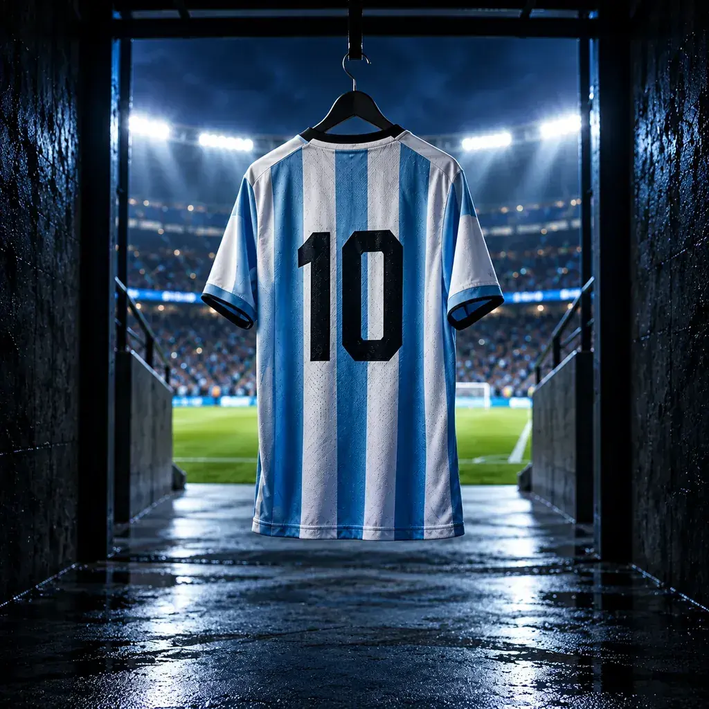 Symbolic Argentina-inspired number 10 shirt hanging in a stadium tunnel